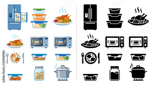 Фотография Collection of kitchen appliances and food storage containers, including a refrigerator, microwave, and pots, with cooked meals and ingredients