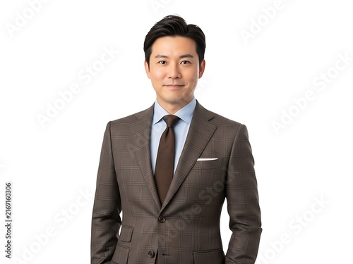 A confident east asian businessman wearing a professional charcoal grey suit