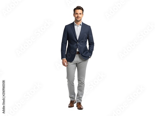 A professional man standing in a navy blue blazer and light grey trousers