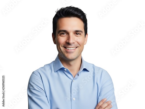 A friendly middle aged man smiling confidently against a plain white background