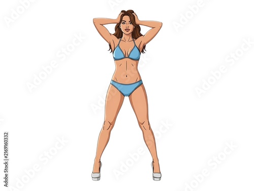 A stylized comic book illustration of a woman posing in a blue bikini