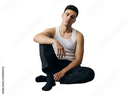 A young man sitting on the floor wearing a white tank top and black pants