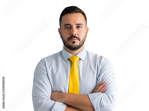 A professional man in a white dress shirt and yellow tie looking forward