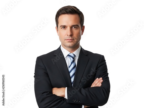 A confident young businessman posing in a formal suit against white background