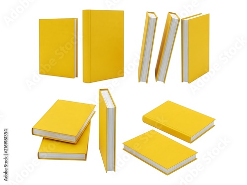 A collection of yellow hardcover books arranged in various standing positions