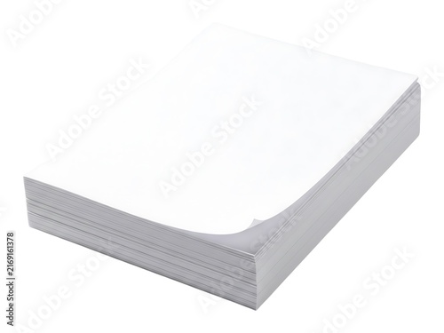 A neat stack of crisp blank white paper sheets isolated on white background