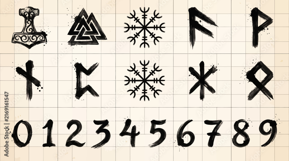 Fototapeta premium A grid displays Norse symbols runes and digits in black ink on textured aged paper