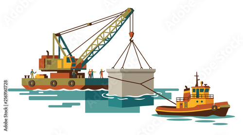 Industrial marine construction illustration of a floating crane barge lifting heavy concrete blocks assisted by a tugboat