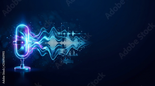 Glowing neon microphone emitting digital sound waves on a dark blue background representing futuristic podcast broadcasting, cyber audio spectrum, and advanced voice recognition technology.