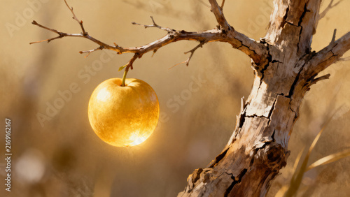 Single golden apple hanging on a bare tree branch in warm sunlight