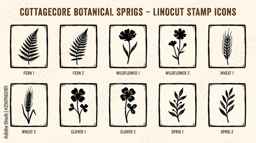 Ten blackandwhite botanical linocut stamp icons arranged in two rows of five each enclosed in a square frame
