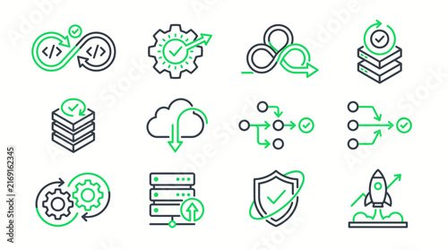 A grid of twelve minimalist technologythemed line icons featuring green and black accents on a white background