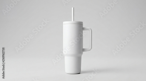 Blank white tumbler cup with handle and straw for branding mockup.