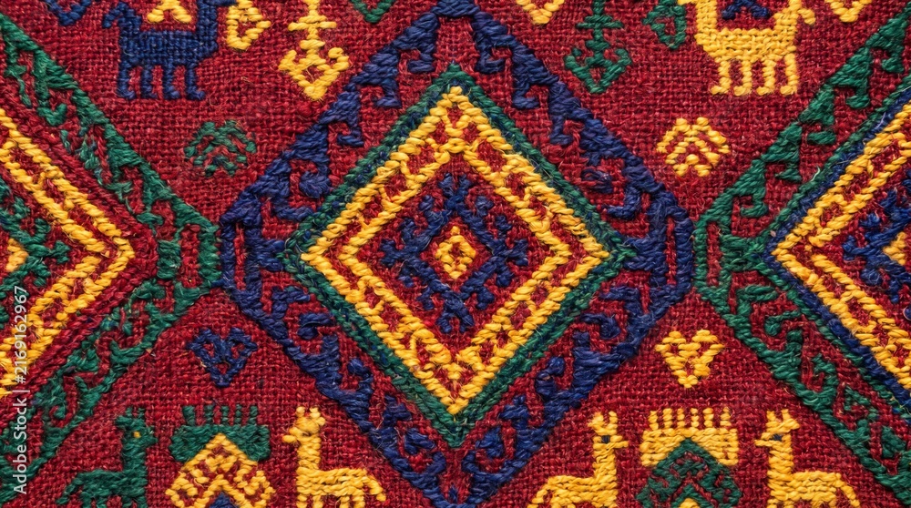 Traditional Latin American or hispanic textile with intricate geometric patterns, handcrafted cultural design, seamless background