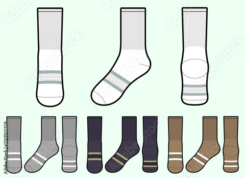 Athletic mid-calf crew socks technical flat sketch vector illustration with striped arch mesh pattern