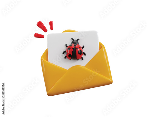 3D Email Envelope with Bug Beetle Icon Render for Email Virus, Phishing Attack, Malware Threat, Cybersecurity and Digital Security