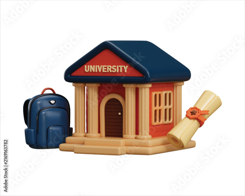 3D University Education Building Icon Render with College Bag and Graduate Certificate for Academy, School, Graduation and Academic Learning