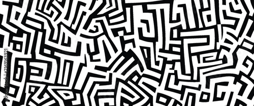 Black and white maze pattern with irregular lines and sharp angles. Abstract geometric Bold texture