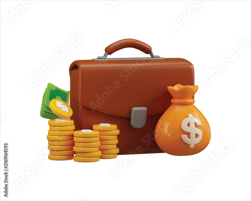 3D Briefcase with Money Bag and Coin Stack Icon Render for Investment Portfolio, Wealth Management, Financial Planning and Business Finance