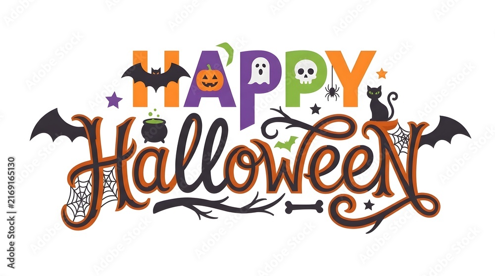 Naklejka premium Colorful happy halloween text design with festive holiday icons and spooky decorative elements on white background