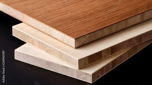 Close up of stacked blockboard panels with wooden veneer surface on black background. High quality lumber core plywood sheets for carpentry and furniture construction.