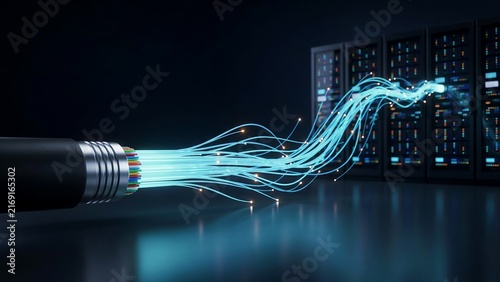 Fiber optic cable transmits glowing light data pulses toward enterprise server rack cabinets for high speed internet connectivity and secure digital infrastructure.