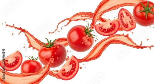 Fresh ripe tomatoes splashing in vibrant red liquid. Juicy red vegetables bursting with natural juice and seeds. Healthy organic produce for food s...