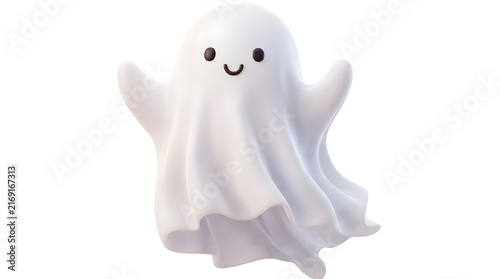 Scary Halloween Ghost Character Isolated on White Background, Cute 3D Cartoon Ghost Decoration and Spooky Toy Statue for Halloween Holiday Art and Festive Display