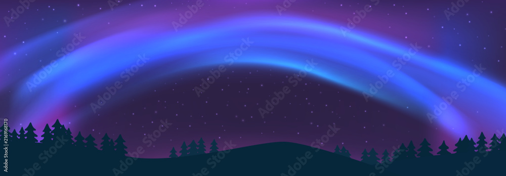 Fototapeta premium Starry night sky with blue purple aurora borealis background. Bright Northern lights glow over fir forest landscape. Polar lights phenomenon illustration. Natural panorama view. Vector 