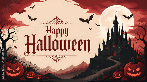 Happy Halloween greeting card with spooky castle, full moon and carved pumpkins.