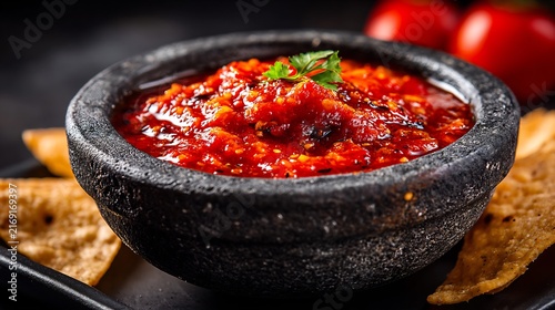 Spicy red salsa dip in a stone mortar with tortilla chips and fresh tomatoes on the side