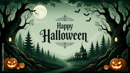 Happy Halloween greeting card with spooky forest, carved pumpkins and haunted house background