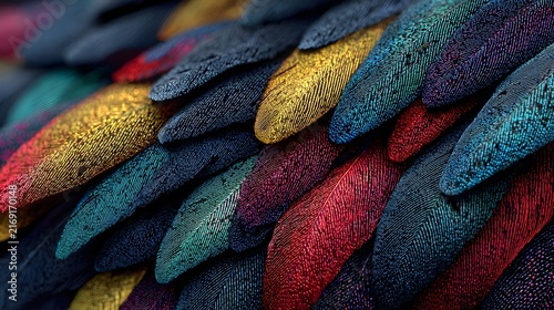 Close up of vibrant colorful bird feather texture pattern for luxury graphic design and abstract wallpaper backdrops.