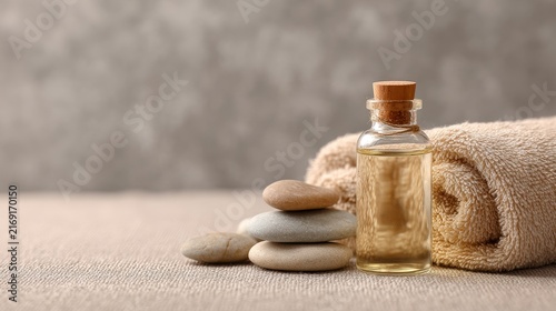 massage oil bottle with towel and stones, pastel beige background
