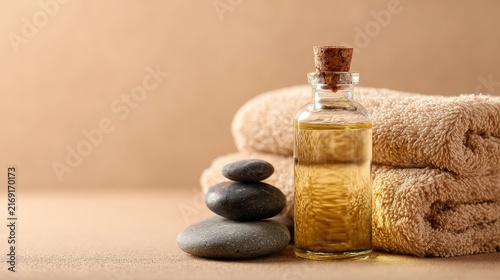massage oil bottle with towel and stones, pastel beige background