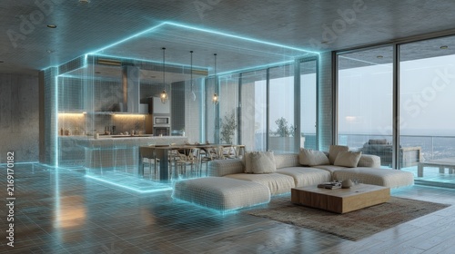 Futuristic Smart Home Interior with Glowing Blue Holographic Wireframe Grid Overlay on Modern Living Room