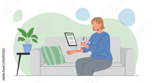 Woman uses digital health monitor at home, remote medical checkup