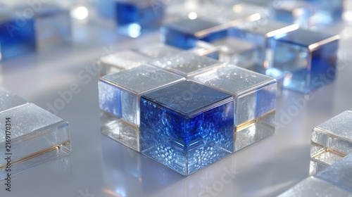 Abstract Blue Glass Cubes on Surface with Bright Soft Lighting in Modern Tech Concept