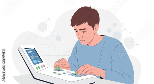 Young person operating scientific equipment with molecules in background