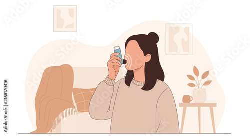 Woman using inhaler for asthma relief on transparent background