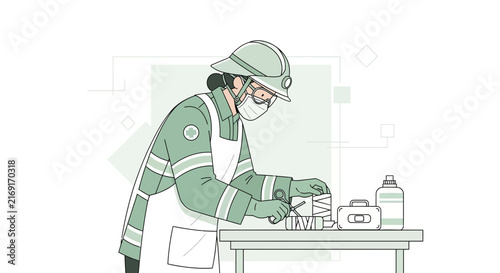 Worker in protective gear tending to medical supplies on a table
