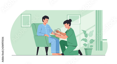 Nurse taking patient's blood pressure at home, isolated illustration
