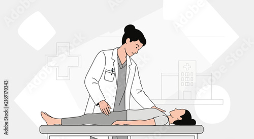 Doctor examines patient lying on examination table, medical clinic background