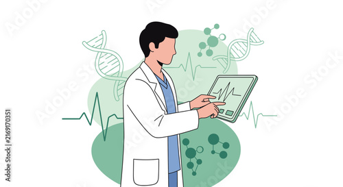 Doctor Using Tablet with DNA and Heartbeat Graphics on Transparent Background