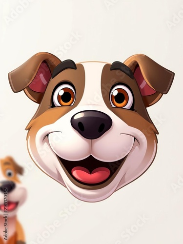 Friendly cartoon dog head with smiling face and playful eyes, fun, animated pet