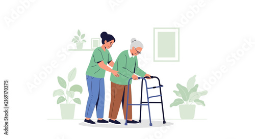 Caregiver assisting elderly woman with walker on transparent background