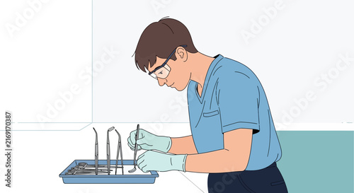 Dentist or hygienist preparing sterile dental instruments, illustration