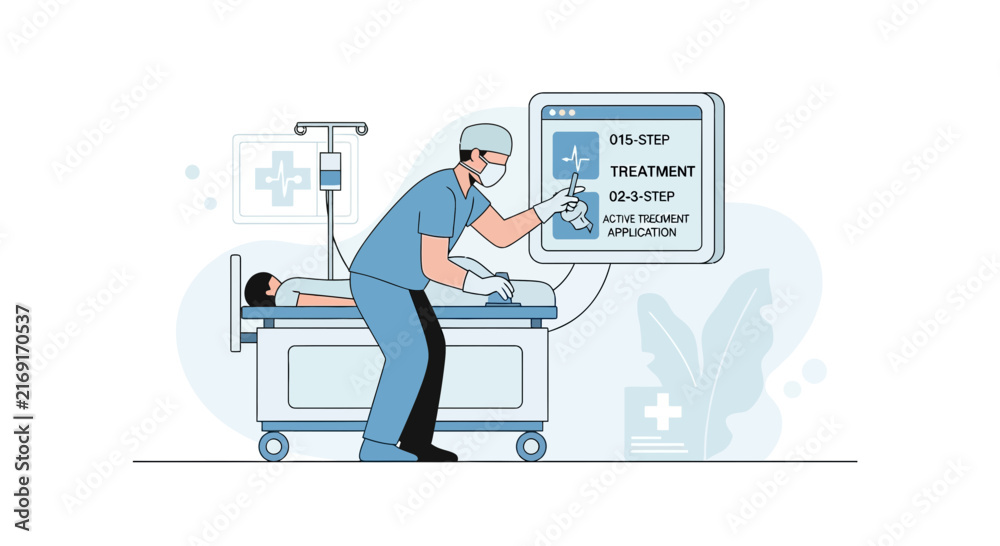 Obraz premium Doctor interacting with digital treatment screen next to patient on hospital bed