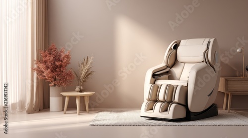 massage chair corner setup, pastel beige tone