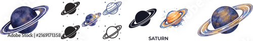 Planet Saturn silhouette icon. Planet Saturn with planetary ring vector icons isolated on transparent background. Cosmos and astronomy planet vector illustration, vector watercolor style